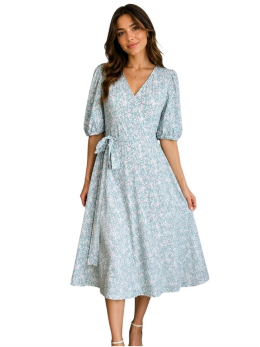 Axara Paris Floral Wrap Dress S Blue Puff Sleeve Cottagecore Midi Dress Vintage